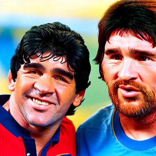 Front portrait of Diego Maradona and Lionel Messi with Argentinian t-shirt, walking,