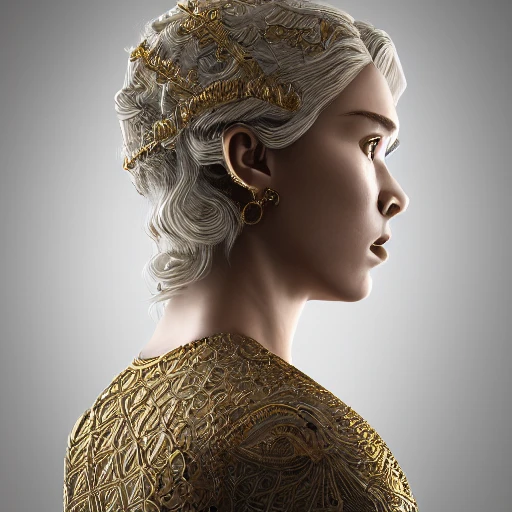 mdjrny-v4 style, symmetric, intricate, centred 3d render ultra detailed of a beautiful porcelain and gold profile portrait woman, 150 mm, beautiful studio soft light, rim light, vibrant details, luxurious antic, hyperrealistic, anatomical, facial muscles, game of thrones atmosphere, elegant, octane render, game of thrones style, 8k