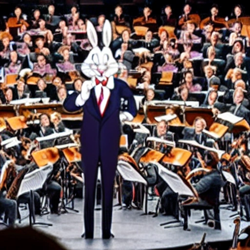 bugs bunny in a suit conducting an orchestra at the Hollywood bowl