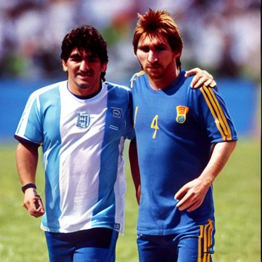 Front portrait of Maradona and Messi with Argentinian t-shirt, walking,