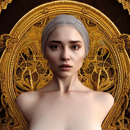mdjrny-v4 style, symmetric, intricate, centred 3d render ultra detailed of a beautiful porcelain and gold profile portrait woman, 150 mm, beautiful studio soft light, rim light, vibrant details, luxurious antic, hyperrealistic, anatomical, facial muscles, game of thrones atmosphere, elegant, octane render, game of thrones style, 8k