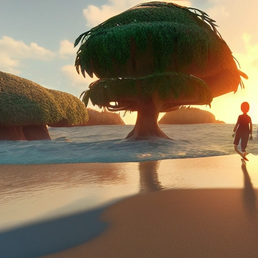 walking on the beach at sunset, holidays, photo of 8k ultra realistic, unreal engine 5, masterpiece, cinematic, focused, fairytale treehouse village covered, boats, golden hour, beautiful light,