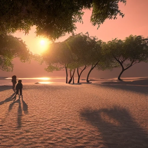 walking on the beach at sunset, holidays, photo of 8k ultra realistic, unreal engine 5, masterpiece, cinematic, focused, fairytale treehouse village covered, boats, golden hour, beautiful light,, 3D