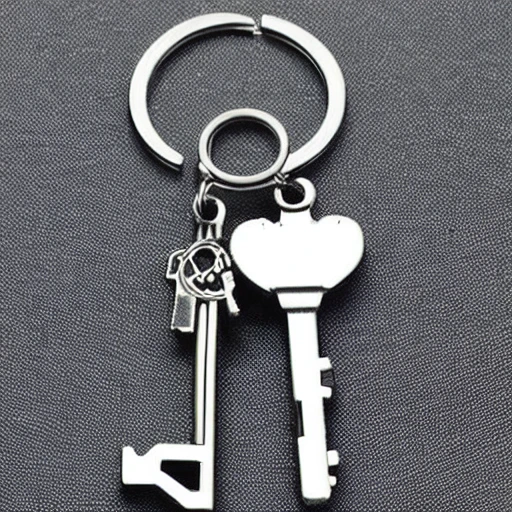 Set of Keys with a Sports Car Key a Classic Antique Long Silver Shiny Key a Burning Heart Keychain a Lightning Bolt Shaped Keychain, Cartoon, Water Color