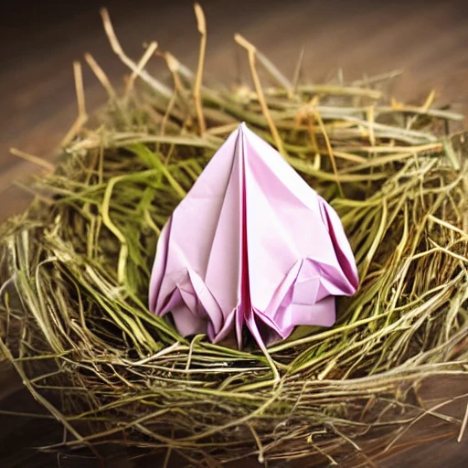 origami bird sitting on nest of origami eggs