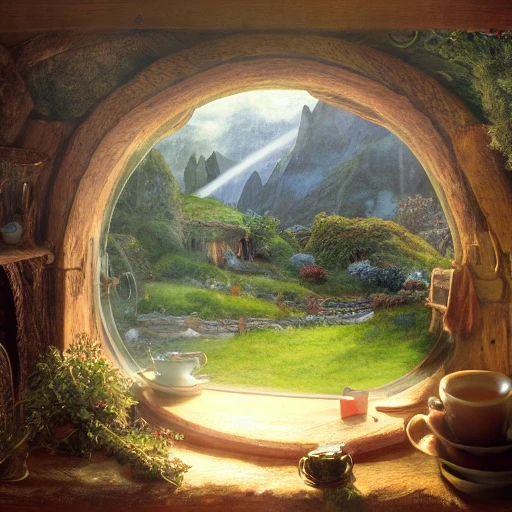 The view from inside a hobbit hole looking out a window into a busy hobbit path, by alan lee, sunset, windowsill loaded with steaming food and teacups, window glass reflecting, intricate, highly detailed terrain, digital painting, artstation, concept art, smooth, sharp focus, illustration, vfx