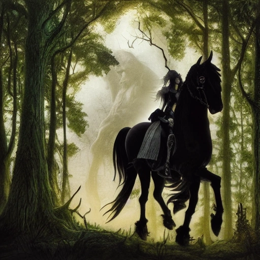 female vampire goddess with red eyes riding a Friesian horse in a fairytale forest, by alan lee, sunset, window glass reflecting, intricate, highly detailed terrain, concept art, smooth, sharp focus, illustration, VFX 