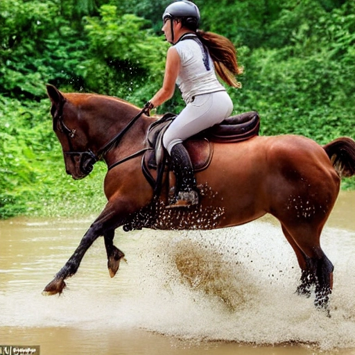 female, goddess riding a haflinger horse, cross country jumping, surrounded by a river, in a rain forest, realistic,