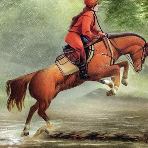 goddess riding a haflinger horse, cross country jumping, surrounded by a river, in a rain forest, realistic,