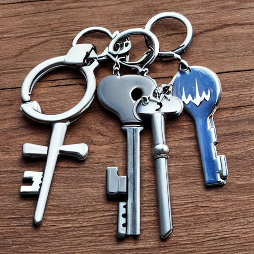 Set of Keys with a Sports Car Key a Classic Antique Long Silver Shiny Key a Burning Heart Keychain a Lightning Bolt Shaped Keychain, Cartoon, Water Color