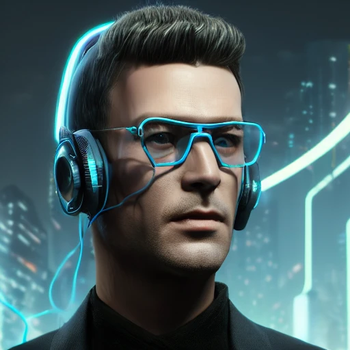 3D, tron, beautiful realistic detailed face, blade runner style, centred 3d render ultra detailed of a beautiful porcelain isis covered profile portrait man with headphones and glasses, redshift render, 8k, epic ambient soft light, symmetric, leather coat, cyberpunk style