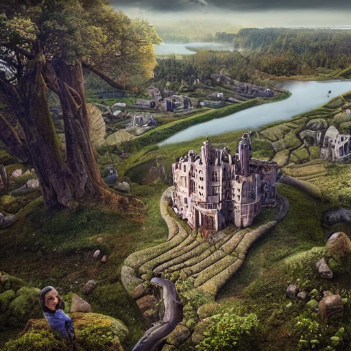  A portrait of anthropomorphic landscape, created with incredibly detailed and realistic natural colour grading by Erik Johansson. The dystopian palace depicted in the artwork is illuminated by bright glorious summer sunshine, adding to the cinematic composition of the piece. The bionic nanopunk puppet with intricate mechanical implants is depicted with accurate proportions and sharp details, making for an extremely meticulously designed environment.