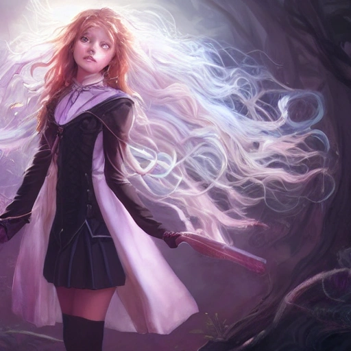 realistic portrait of a innocent young teen girl, d&d magic fantasy, dark magical school student uniform, light curly hair, casting a bright large-scale magical spell around herself, overflowing energy, highly detailed, digital painting, trending on artstation, pixiv, concept art, sharp focus, illustration, art by Ross Tran and Greg Rutkowski and Walt Disney animation