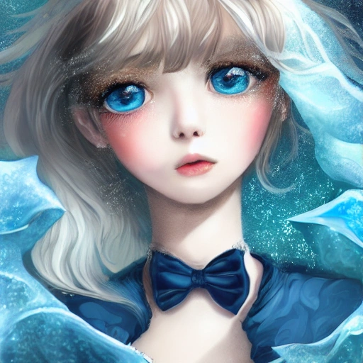 (((masterpiece))),best quality, illustration,(beautiful detailed girl),beautiful detailed glow,detailed ice,beautiful detailed water,(beautiful detailed eyes),expressionless,(floating palaces),azure hair,disheveled hair,long bangs, hairs between eyes,(skyblue dress),black ribbon,white bowties,midriff,{{{half closed eyes}}},big forhead,blank stare,flower,large top sleeves,novelai,anything v3