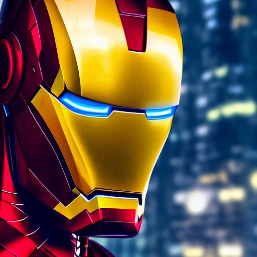 side close up portrait of iron man, detailed face, spotlight, cyberpunk city, wired, multicolored, vibrant high contrast, hyperrealistic, photografic, 8k, epic ambient light, octane render