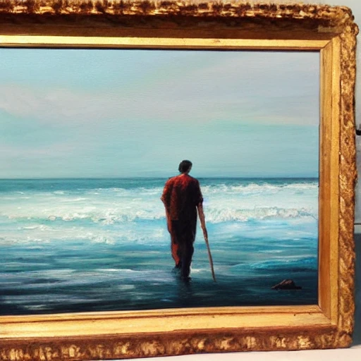 A man walks towards the sea, oil painting