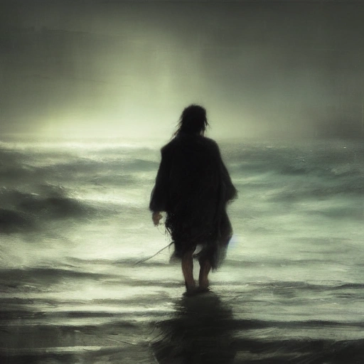 Ruan Jia, night, high-detailed face, black-haired youth, Japan, 4K, light and shadow, someone walking alone in the sea,