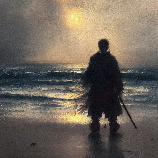 Ruan Jia, night, high-detailed face, black-haired youth, Japan, 4K, light and shadow, someone walking alone in the sea, sunset at dusk