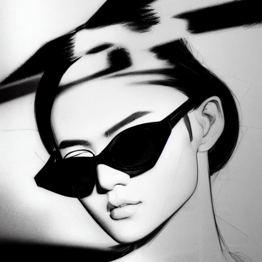 mdjrny-v4 style, ultra realistic, cinematic lighting, unreal engine, ultra detailed, , beautiful asian girl wearing outsized dior chanel sunglasses, shot by wayne barlowe anf james jean and syd mead, Pencil Sketch, Pencil Sketch, Pencil Sketch