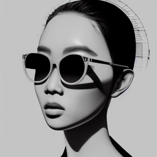 mdjrny-v4 style, ultra realistic, cinematic lighting, unreal engine, ultra detailed, , beautiful asian girl wearing outsized dior chanel sunglasses, shot by wayne barlowe anf james jean and syd mead, Pencil Sketch, Pencil Sketch, Pencil Sketch, 3D