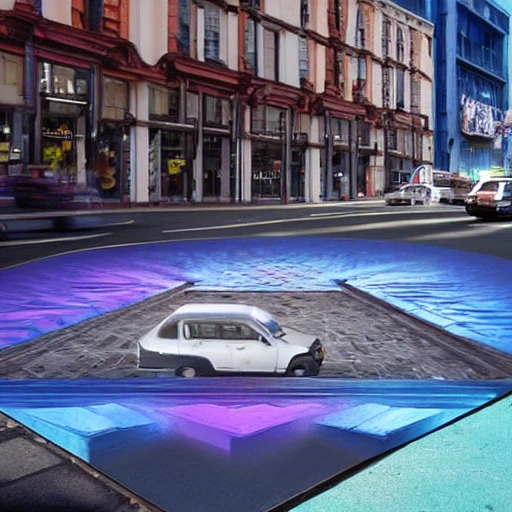 city street with holographic 3d advertising