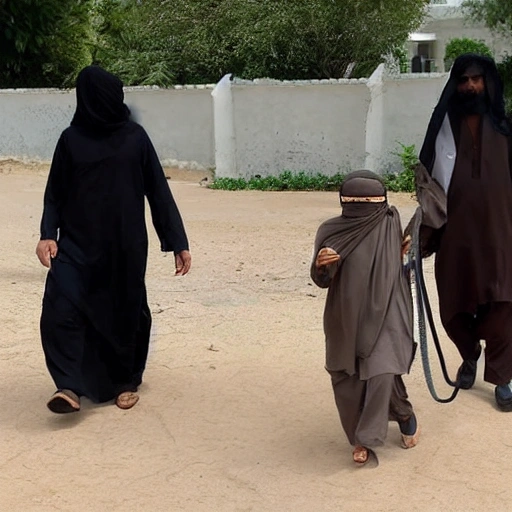 A taliban holding a leash of a woman in a burqa/niqab