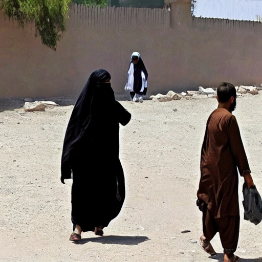 A taliban holding a leash of a chained up woman in a burqa/niqab