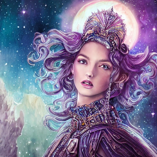 sci-fi beautiful princess Wizard  warrior in galaxy station, portrait, ornate dress, crystals headwear, elegant, athletic, focus on face, ultra detailed face,in a epic landscape with a stream,  fantasy, flat light, ultra photo-realistic, intricate, watercolor on paper, masterpiece, expert, insanely detailed, 4k resolution