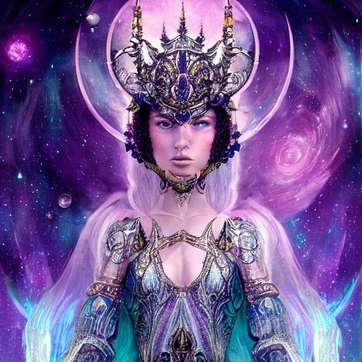 sci-fi beautiful princess Wizard  warrior in galaxy station, portrait, ornate dress, crystals headwear, elegant, athletic, focus on face, ultra detailed face,in a epic landscape with a stream,  fantasy, flat light, ultra photo-realistic, intricate, watercolor on paper, masterpiece, expert, insanely detailed, 4k resolution, Trippy