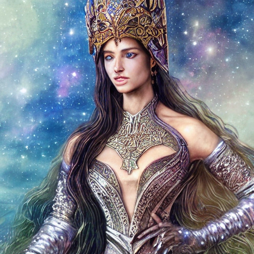 sci-fi beautiful princess Wizard  warrior in galaxy station with tunic decorated with fabrics , portrait, ornate dress, crystals headwear, elegant, athletic, focus on face, ultra detailed face,in a epic landscape with a stream,  fantasy, flat light, ultra photo-realistic, intricate, watercolor on paper, masterpiece, expert, insanely detailed, 8k resolution