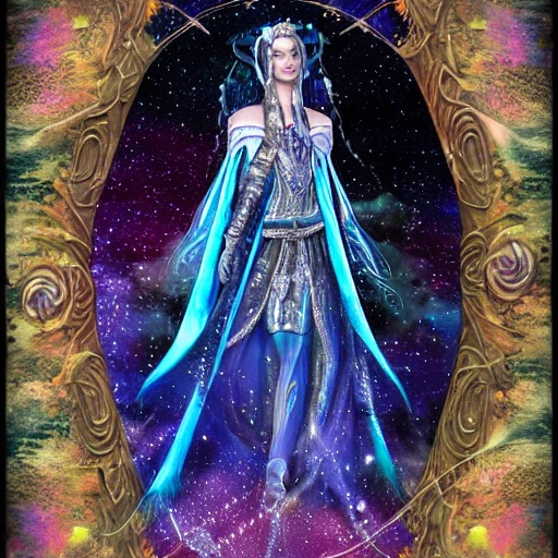 sci-fi beautiful princess Wizard  warrior in galaxy station with tunic decorated with fabrics , portrait, ornate dress, crystals headwear, elegant, athletic, focus on face, ultra detailed face,in a epic landscape with a stream,  fantasy, flat light, ultra photo-realistic, intricate, watercolor on paper, masterpiece, expert, insanely detailed, 8k resolution, 3D