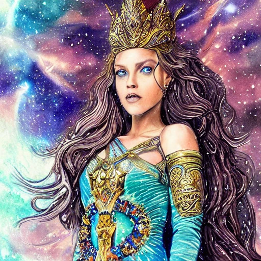 sci-fi beautiful princess Wizard  warrior in galaxy station with tunic decorated with fabrics , portrait, ornate dress, crystals headwear, elegant, athletic, focus on face, ultra detailed face,in a epic landscape with a stream,  fantasy, flat light, ultra photo-realistic, intricate, watercolor on paper, masterpiece, expert, insanely detailed, 8k resolution, 3D, Trippy