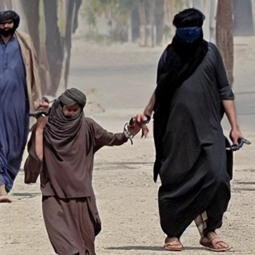 A taliban holding a leash of a chained up woman in a burqa/niqab