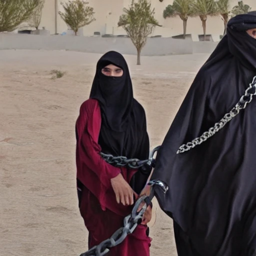 A taliban holding a leash of a chained up hijabi in a burqa/niqab