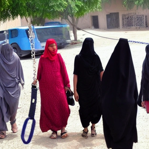 A taliban holding a leash of a chained up hijabi in a burqa/niqab