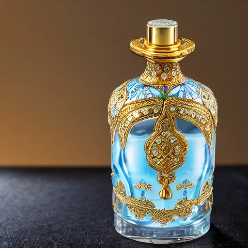 Close-up of one round Indian art nouveau style perfume  glass bottle, decorated with gold and diamonds, with hand-painted gold ornaments, containing light blue liquid, the bottle is located on a white table, the bottle is shown in its entirety, the bottle is in the center of the scene, the white background is on background, light studio lighting, spotlight, super detail, advertising, design product, cinematic lighting, hd artstation, symmetrical, rendered, 8k, single object on scene
