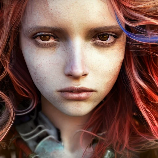 side close up portrait of 1 girl, steampunk, windblown long hair..., multicolored, hyperrealistic, photografic, 8k, epic ambient light, octane render, Water Color