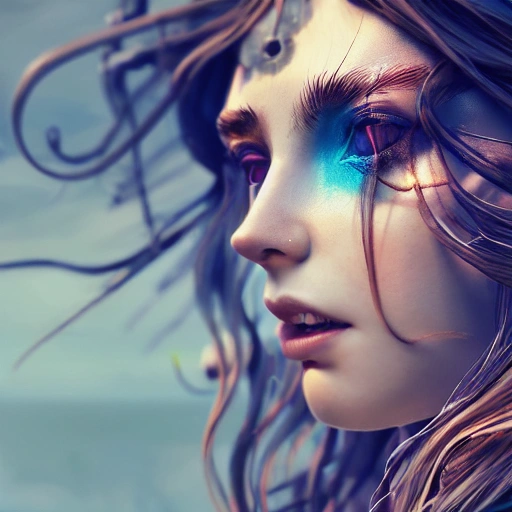 side close up portrait of 1 girl, steampunk, windblown long hair..., multicolored, hyperrealistic, photografic, 8k, epic ambient light, octane render, Water Color, Oil Painting, 3D