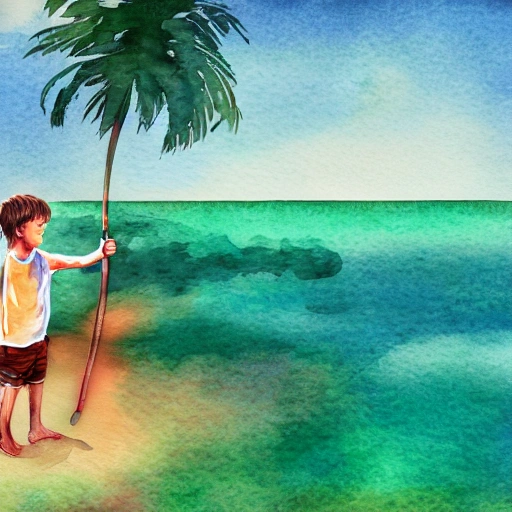 , Water Color,light pastel colors, landscape orientation, warm day, beachfront, young courageous boy holding wooden sword, happy playing, with palm trees in the foreground and background, digital art