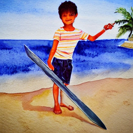 , Water Color,light pastel colors, landscape orientation, warm day, beachfront, young courageous boy holding wooden sword, happy playing, with palm trees in the foreground and background, 