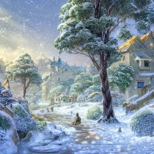  litte village in winter, snow covered, with green pines trees, and character portrait of a contented man grecian warrior , and lot of plants, buildings, art nouveau, concept art, Elaborate, highly detailed, Fantasy, epic winter landscape with a stream, with sparkle, intricate complex defined maximalist photorealistic matte painting, bright colors, 8K resolution, polished ethereal divine magical, 3D, Trippy, Oil Painting, Cartoon