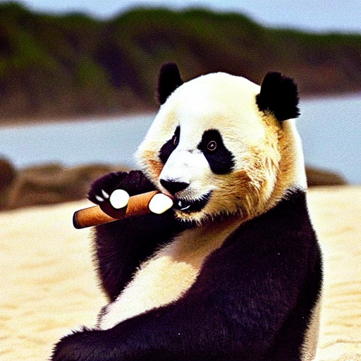 Cartoon of a panda bear at the beach, smoking a cigar