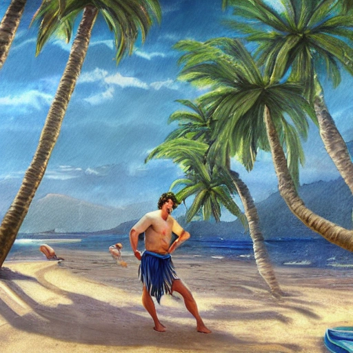  little beach in summer, sun drenched, with green palm trees, and character portrait of a contented man grecian warrior, and narrow field of view, art nouveau, concept art, Elaborate, highly detailed, Fantasy, epic beach landscape with a stream, with sparkle, intricate complex defined maximalist photorealistic charcoal painting, bright colors, 8K resolution, polished ethereal divine magical, 3D, Trippy, Cartoon