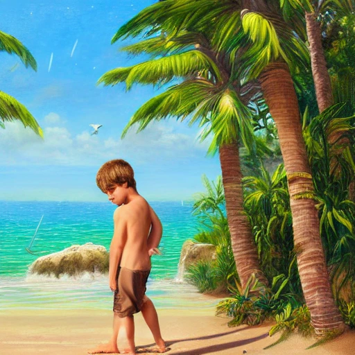  little beach in summer, sun drenched, with green palm trees, and boy character portrait of a contented boy grecian warrior, and narrow field of view, art nouveau, concept art, Elaborate, highly detailed, Fantasy, epic beach landscape with a stream, with sparkle, intricate complex defined maximalist photorealistic charcoal painting, bright colors, 8K resolution, polished ethereal divine magical, 3D, Trippy, Cartoon