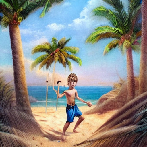  little beach in summer, sun drenched, with green palm trees, and boy character portrait of a contented boy grecian warrior, courageous with wooden sword, and narrow field of view, art nouveau, concept art, Elaborate, highly detailed, Fantasy, epic beach landscape with a stream, with sparkle, intricate complex defined maximalist photorealistic charcoal painting, bright colors, 8K resolution, polished ethereal divine magical, 3D, Trippy, Cartoon