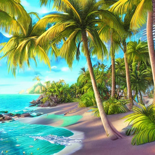  little beach in summer, sun drenched, with green palm trees, and balmy day, and narrow field of view, art nouveau, concept art, Elaborate, highly detailed, Fantasy, epic beach landscape with a stream, with sparkle, intricate complex defined maximalist photorealistic charcoal painting, bright colors, 8K resolution, polished ethereal divine magical, 3D, Trippy, Cartoon