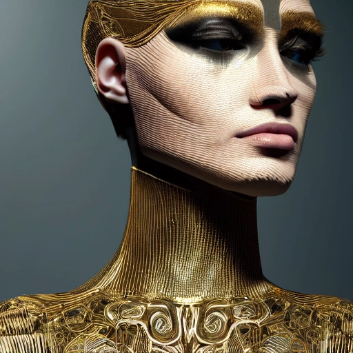 mdjrny-v4 style, symmetric, intricate, centred 3d render ultra detailed of a beautiful porcelain and gold profile portrait woman, 150 mm, beautiful studio soft light, rim light, vibrant details, luxurious antic, hyperrealistic, anatomical, facial muscles, blade runner atmosphere , elegant, octane render, H. R. Giger style, 8k