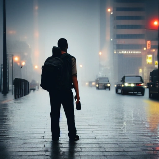 A men with a backpack standing in the rain on the street with a big city in the background blurred