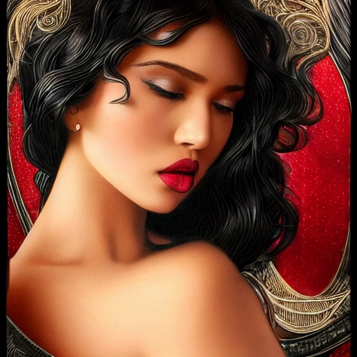 Attractive, young, busty, black woman, perfect eyes, gorgeous face, intricate, red bra, black lace, tear drop breast, Mystical background, highly detailed, 3d, trending on artstation, intricate, elegant, digital painting, artstation, concept art, smooth, sharp focus, illustration, art by artgerm and greg rutkowski and alphonse mucha, 8k