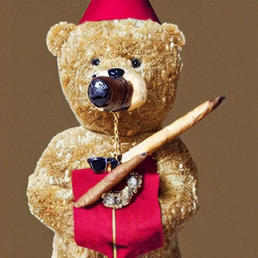 Teddy bear smoking a cigar, wearing a gold chain, wearing a hat, 8k